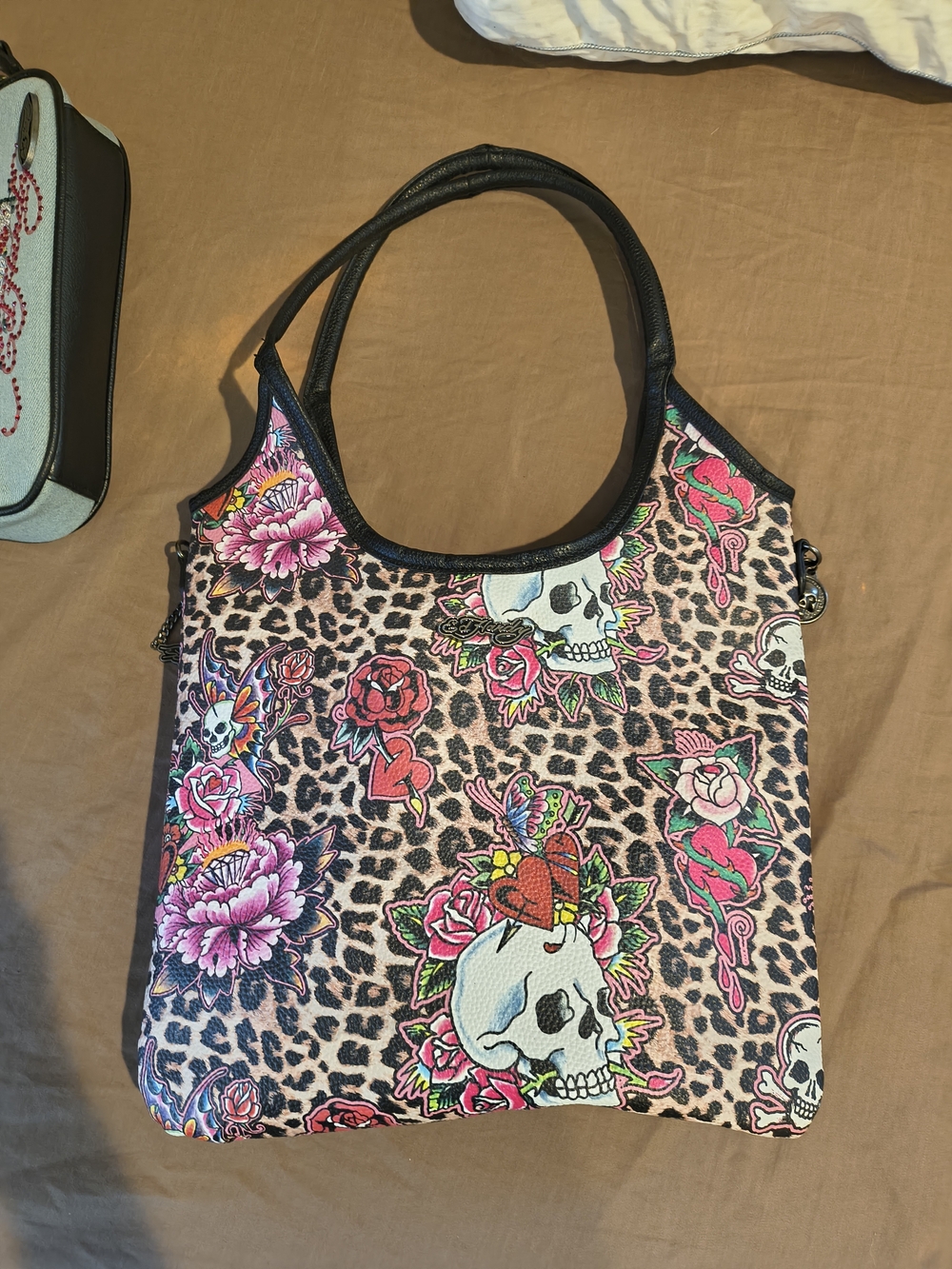 Ed Hardy Floral Skull Leopard Tote Bag - Pink